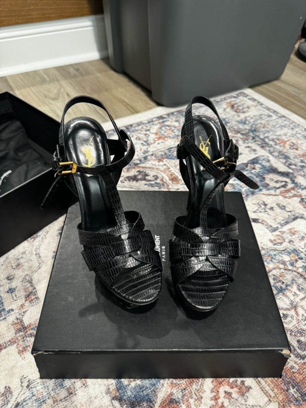 Yves Saint Laurent Black Lizard-Embossed Leather T-Strap Heels with Gold Buckle